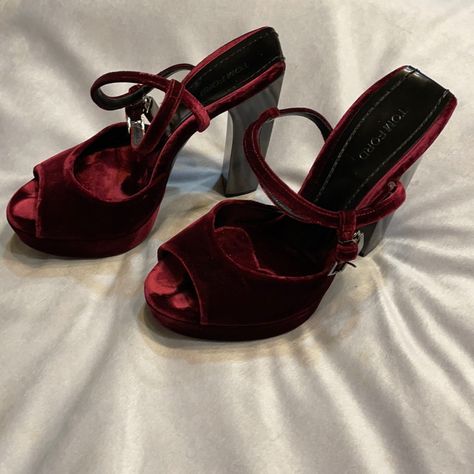 Beautiful, Only Worn Once In An Indoor Photo Shoot, Burgundy Velvet Tom Ford High Heels. Impeccable Condition. Dark Red Shoes High Heels, 90s Prom Heels, Dark Red Shoes, Indoor Photo Shoot, Tom Ford Heels, Dark Red Dress, 90s Prom, Red Toms, Snake Heels