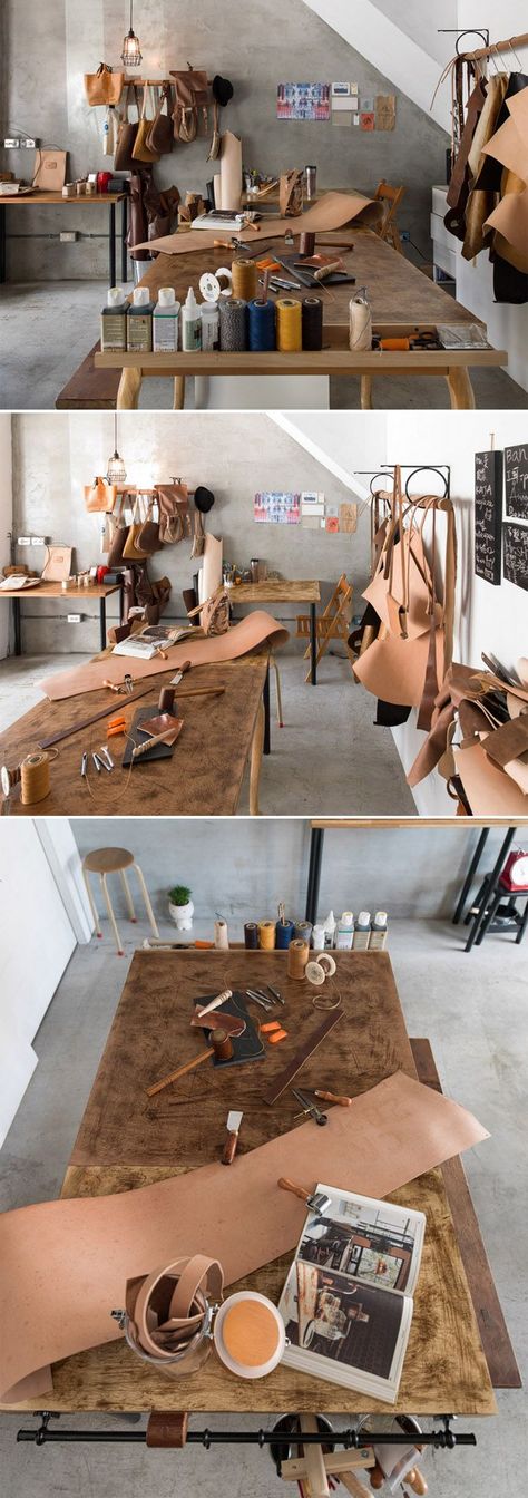 TZABA | LEATHER WORKSHOP Workspace Studio, Coin Couture, Workshop Studio, Textil Design, Leather Workshop, Work Room, Workspace Inspiration, Leather Art, Sewing Rooms