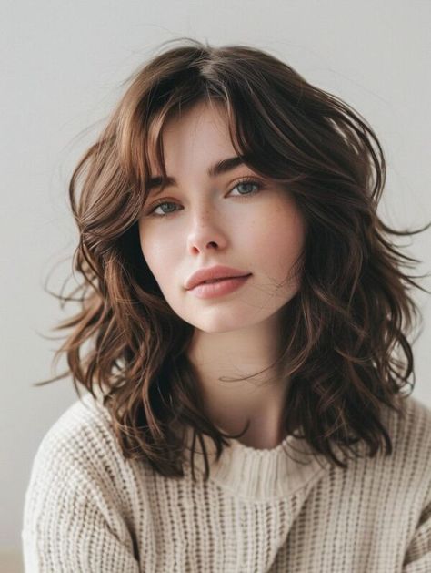 Best Mid Length Hair with Layers: Bangs, Lobs, Side Parts, and More Lob With Side Parting, Side Part Haircut Round Face, Medium Length Haircut For Thick Hair Bangs, Mid Length Side Bangs, Mid Hair Layered Haircuts, Medium Length Haircut For Thick Hair Round Faces Layers, Side Bangs Mid Length Hair, Mid Length Wavy Hair Styles, Wavy Mid Hair