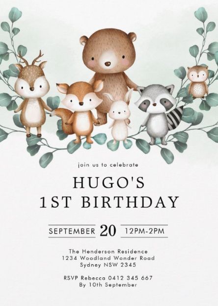 Invite your guests with these whimsical woodland themed birthday invitations, featuring soft eucalyptus greenery wreath and a group of adorable forest animals. afflink Forest Animals Birthday Party, Woodland Forest Animals, Animal Themed Birthday Party, Whimsical Woodland, 1st Birthday Themes, 1st Birthday Invitation, Animal Birthday Party, Boy Birthday Invitations, Eucalyptus Greenery