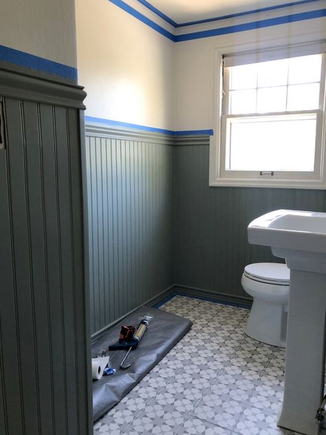 Bathroom Paint Wainscoting, Craftsman Bathroom Wainscotting, Painted Paneling Bathroom, Dark Green Half Wall Bathroom, Green Painted Beadboard, Green Chair Rail Bathroom, Bathroom Painted Beadboard, Guest Bathroom With Wainscotting, Diy Half Wall Paneling Small Bathrooms