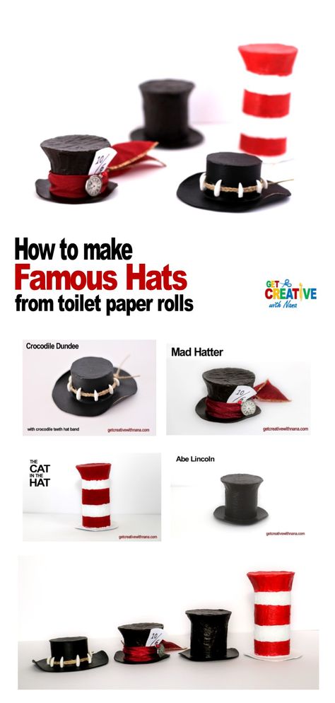 This is a fun creative project that is easily adapted for all ages and makes great use of recycled cardboard, toilet paper tubes and cereal boxes to make iconic miniature hats.  How to make hats from toilet paper rolls.  Follow the tutorials on how to make each of the four hats pictured.  Get Your Creative On! Toilet Paper Roll Hats, Miniature Props, Woodland Village, Cardboard Toilet, Toilet Paper Roll Diy, How To Make Hats, Woodsy Christmas, Toilet Paper Tubes, Miniature Hats