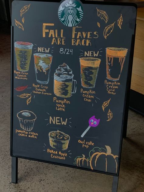 Fall Menu Board, Pumpkin Spice Chalkboard Art, Fall Coffee Shop Chalkboard Signs, Fall Coffee Chalkboard Art, Starbucks Board Ideas, Starbucks Decor, Coffee Shop Chalkboard, Starbucks Chalkboard Art, Chalkboard Fall