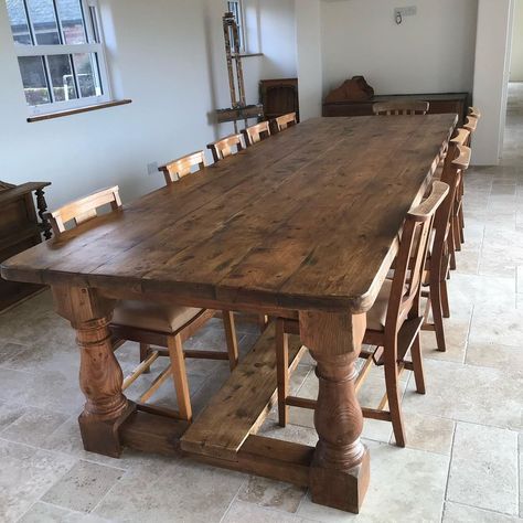 Large Refectory Table made from old reclaimed pine and featuring thick, chunky legs and a two inch thick table top. Country Farmhouse Table, Reclaimed Table, Family Dining Table, Farmhouse Tables, Refectory Table, Reclaimed Pine, Farmhouse Dining Table, Handmade Table, Wooden Dining Tables