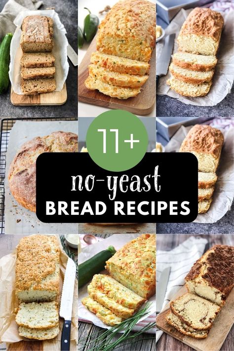 Yes you can make delicious homemade bread without yeast! These Easy Homemade No Yeast Bread Recipes require no yeast, no kneading, no rising. So easy. So delicious! I'm sharing both sweet and savoury variations. Easy No Knead Bread Recipes, Yeast Free Bread Recipes, Bread Recipes Yeast, No Knead Bread Recipes, Basic Quick Bread Recipe, Yeastless Bread, Yeast Free Bread, Easy No Knead Bread, Honey Beer Bread