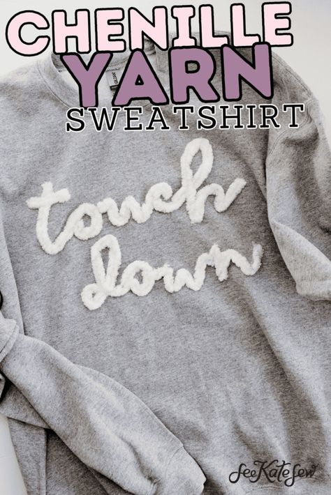 Game Day Yarn Sweatshirt DIY How To Hand Embroidery Sweatshirt, Punch Needle Sweatshirt Diy, Pennant Sweatshirt Diy, Fuzzy Letter Sweatshirt, Chenille Sweatshirt Diy, Punch Needle Embroidery Sweatshirt, Yarn Stitching On Fabric, Diy Yarn Embroidery Sweatshirt, Iron On Hoodie Ideas