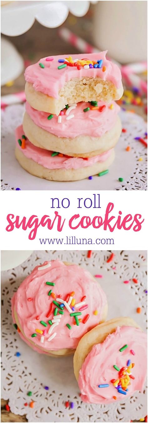 Super easy and delicious NO ROLL Sugar Cookies with a delicious frosting. No rolling pin needed for these - just drop and bake! #norollsugarcookies #sugarcookies #easysugarcookies #cookierecipe #cookies No Roll Sugar Cookies, Drop Sugar Cookie Recipe, Cookies Recipes Easy, Rolled Sugar Cookie Recipe, Drop Sugar Cookies, Rolled Sugar Cookies, Chewy Sugar Cookies, Sugar Cookie Recipe, Sugar Cookie Frosting