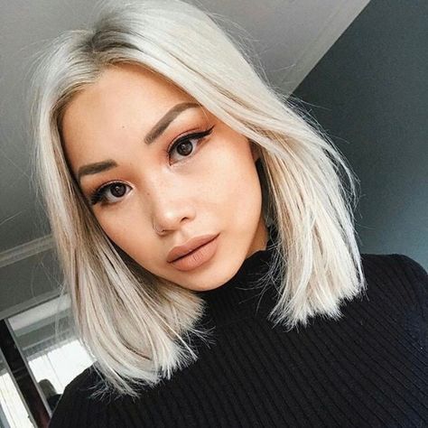 One length bob Asian Blonde Bob, Short White Blonde Hair Dark Roots, Blonde Bob Asian, Icy Blonde Long Bob, Icy Blonde Bob Dark Roots, Platinum Blonde Bob Round Faces, Asian Blonde, Bleach Blonde Bob, One Length Bob