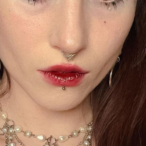 𝕤𝕠𝕡𝕙𝕚𝕒 𝕔𝕙𝕒𝕤𝕚𝕟 on Instagram: "❄️❄️❄️ septum ring and earrings from @regalrose (code for $ off: OATMILK15) vertical labret from etsy  necklace from depop shop merchbymel  product details— face:  @smashboxcosmetics always on skin balancing foundation  @toofaced born this way concealer in cloud @pacificabeauty kind glaze primer  @kaleidosmakeup contour trio in light, highlighter in moon cruiser  eyes and eyebrows:  @tartecosmetics in bloom palette @aboutfacebeauty fluid eye paint in white noise (code ABOUTSOPHIA20 for 20% off) @kaleidosmakeup black and grey quad palette @limecrimemakeup venus immortalis palette @urbandecaycosmetics 24/7 inks in zero @definitionbeautyco stickers @nyxcosmetics wonder pencil in light  @toofaced better than sex mascara  lips: @sushyglowcosmetics lip ti Labret Vertical, Etsy Necklace, Vertical Labret, Born This Way Concealer, Bedroom Theme, Facial Piercings, Eye Painting, Born This Way, White Noise