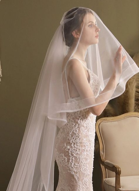 Two-tier Pencil Edge Cathedral Bridal Veils (006291676) Simple Long Veil, Cathedral Length Wedding Veil, Cathedral Bridal Veils, Waterfall Wedding, Veil Length, Cathedral Length Veil, Convertible Bridesmaid Dress, Blusher Veil, Bride Veil