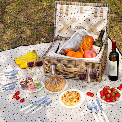 With enough space to carry food for 4 people, this wicker picnic basket is fun, lightweight and portable too. The striking Double Canvas Straps design is perfect for nature-lovers and it's for those looking to reduce their carbon fo otprint. We love the print on the natural linen background. Including 4 X Stainless steel cutlery with plastic handle(knife, fork and spoon), 4 X 7" Porcelain plates, 4 X Real Wine glasses, 4 X Linen napkins, 1X waterproof picnic blanket, size:57”X57”,1 X waiter styl Picnic Basket Set, Chistmas Gift, Sentimental Gifts For Mom, Gifts For Tech Lovers, Waterproof Picnic Blanket, Picnic Hamper, Picnic Essentials, Izabel Goulart, Wicker Picnic Basket