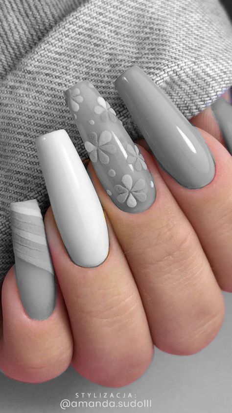 Grey Acrylic Nails, Grey Nail Designs, Fancy Nails Designs, Gray Nails, Acrylic Nails Coffin Short, Silver Nails, Luxury Nails, Chic Nails, Fancy Nails