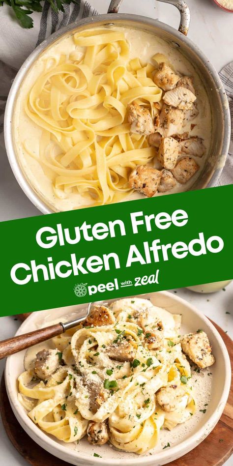 This gluten free pasta recipe with chicken features a creamy flourless alfredo sauce and your favorite GF pasta. Ready in under 30 minutes, gluten-free fettuccini alfredo recipe is quick and easy. Great for weeknight dinners when you are short on time. Add broccoli, sundried tomatoes or frozen peas. Gluten Free Chicken Alfredo, Fettuccine Alfredo With Chicken, Gluten Free Alfredo Sauce, Alfredo With Chicken, Gluten Free Pasta Dishes, Chicken Alfredo Fettuccine Recipe, Fettuccini Alfredo, Chicken Alfredo Recipe, Gf Pasta