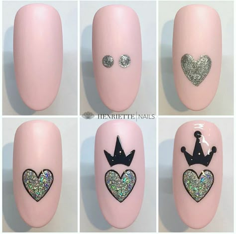 me encanta❤💔 Crown Nails Design, Step By Step Nail Art For Beginners, Nail Art Tutorial Step By Step, Hand Painted Nail Designs, Crown Nail Art, Crown Nails, Nailart Tutorial, Valentine Nail Art, Nail Drawing