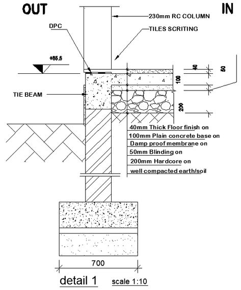 Architecture Section Drawing Details, Structural Details Architecture, Strip Foundation Detail Drawing, How To Draw Section From Plan, Foundation Details Architecture, Pad Foundation Detail Drawing, Detail Section Drawing Architecture, Structure Architecture Drawing, Raft Foundation Detail Drawing