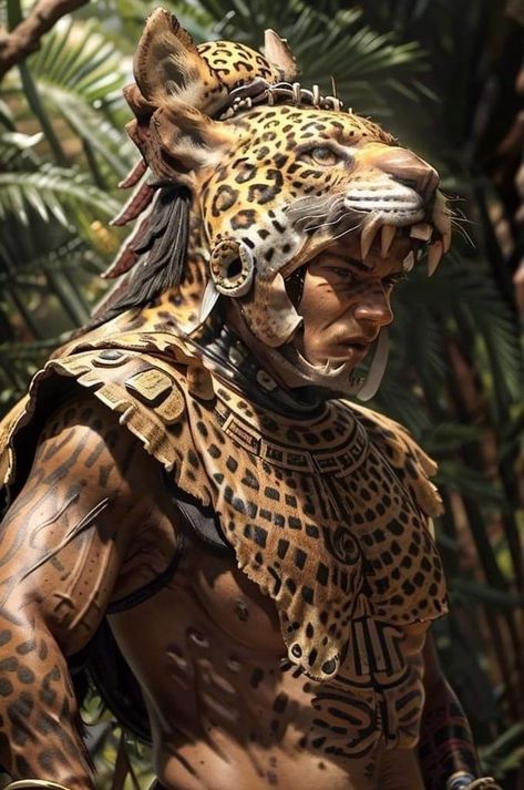 Jaguar Warrior Aztec, Guerrero Maya Tattoo, Godzilla Armor, Aztec Warrior Art, Maya Warrior, Aztec Headdress, Aztec Costume, Aztec Jaguar, Jaguar Warrior