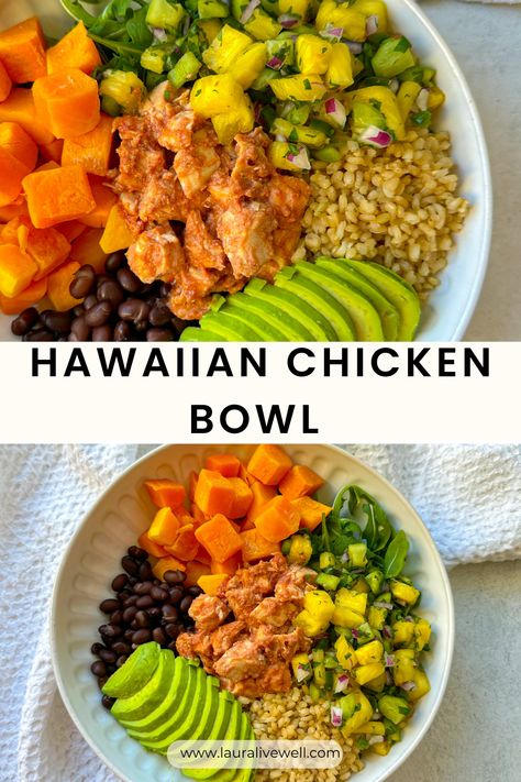 Hawaiian Chicken Bowl Savory Bowls Healthy Recipes, Hawaiian Chicken Bowl Recipe, Low Carb Power Bowl, Hawaiian Chicken Rice Bowl, Weeknight Bowls, Hawaiian Bowl Recipes, Hawaiian Chicken Bowl, Hawaiian Bowls, Hawaiian Meals