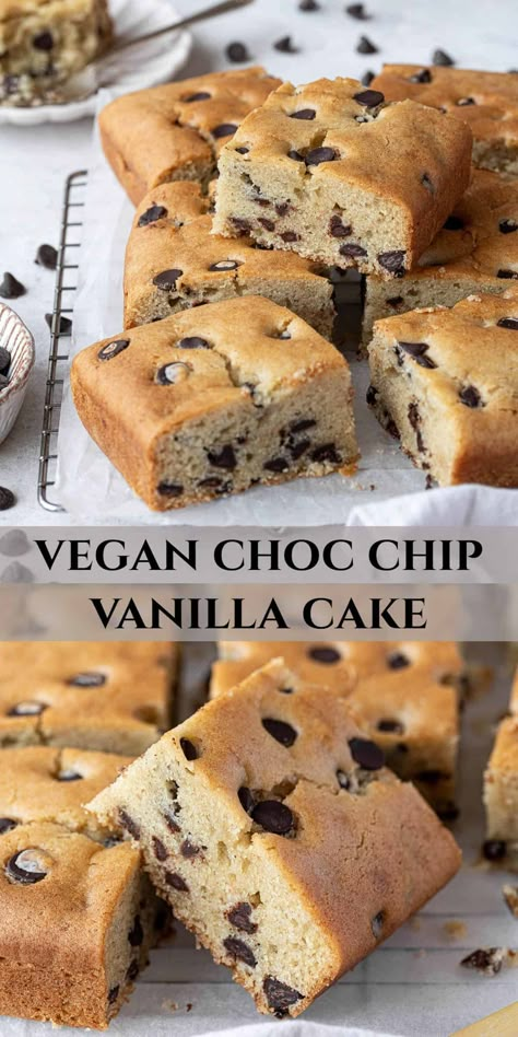 Chocolate chip vanilla cake - this easy vegan snacking cake is soft, moist and tender, with a sweet vanilla flavour and plenty of chocolate chips. It is perfect for snacking, parties, or serve it with ice cream or custard for dessert. Easy Vegan Snack, Snacking Cake, Vegan Baking Recipes, Vegan Snack, Vegan Cake Recipes, Vegan Bakery, Cake Vegan, Vegan Chocolate Chip, Vegan Dessert Recipes