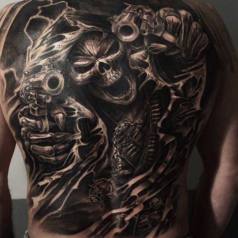 Amazing back piece by @alex_d_west!  Thank you @tattoosbylewis for pointing this great artist out! #savemyink  Check us out on #instagram - http://instagram.com/savemyink Full Back Skull Tattoo, Back Skull Tattoo, Black Sleeve Tattoo, Skull Sleeve, Skull Sleeve Tattoos, Back Piece Tattoo, Full Sleeve Tattoo Design, Hand Tats, Full Back Tattoos