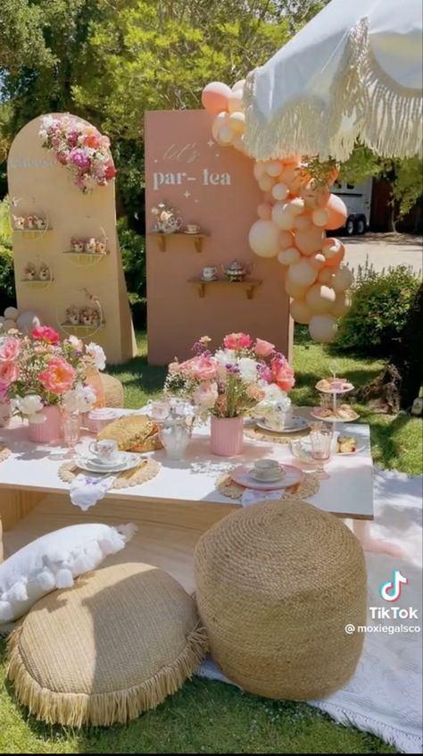 Korean Bridal Shower Theme, Yea Party Bachelorette, Bridal Shower English Tea Party, Bridal Tea Themes, Vintage Tea Bridal Shower Ideas, Bridal Shower Tea Party Table Set Up, Bridal Tea Party Backdrop, Tea Cup Bridal Shower Decor, High Tea Hens Party