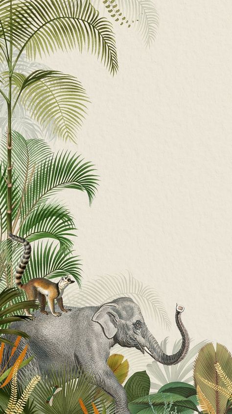 Vintage jungle elephant phone wallpaper, wild animal background | premium image by rawpixel.com / ton Elephant Phone Wallpaper, Peacock Background, Jungle Elephant, Minimalist Wallpaper Phone, Wallpaper Botanical, Elephant Wallpaper, Border Background, Tropical Illustration, Lotus Flower Art