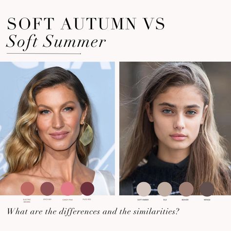 Soft Summer VS Soft Autumn colour analysis comparison 🖤⁠ .⁠ #coloranalysis #colouranalysis #softsummer #softautumn #coloranalyst #summerpalette #autumnpalette Autumn Colour Analysis, Muted Summer, Soft Autumn Makeup, Season Analysis, Soft Summer Makeup, Soft Autumn Palette, Colour Season, Soft Summer Palette, Autumn Palette