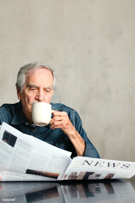 Senior man reading the newspaper and drinking coffee | premium image by rawpixel.com / McKinsey Coffee Museum, Tea Ads, Tea Background, People Drinking Coffee, Cozy Morning Coffee, Reading The Newspaper, Space Coffee, Light Purple Background, Man Reading