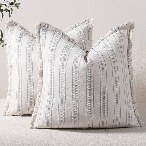 Amazon.com: Striped Farmhouse Pillow Covers 12x20 Set of 2 Blue and Beige Throw Pillow Covers with Fringe Chic Accent Cotton Decorative Rectangular Lumbar Pillows Covers for Sofa Couch Bed Living Room Boho Decor : Home & Kitchen