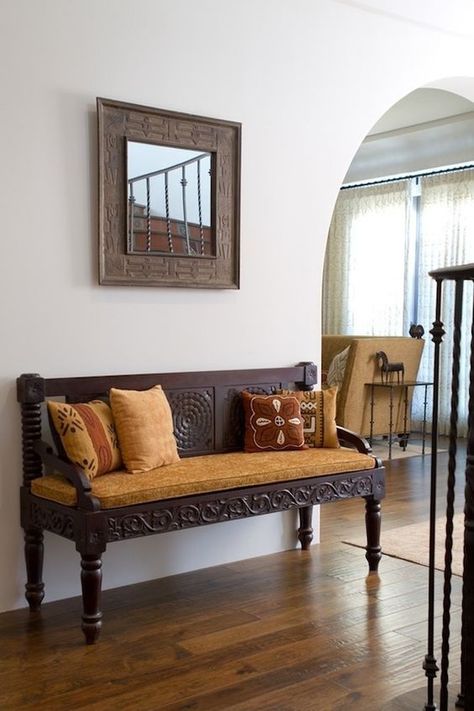 9 Easy Steps To A Fabulous Entryway • One Brick At A Time Ottoman Seating, Mediterranean Furniture, Mediterranean Living Room, Carved Sofa, Carved Bench, African Interior Design, African Furniture, Colonial Interior, Mediterranean Living