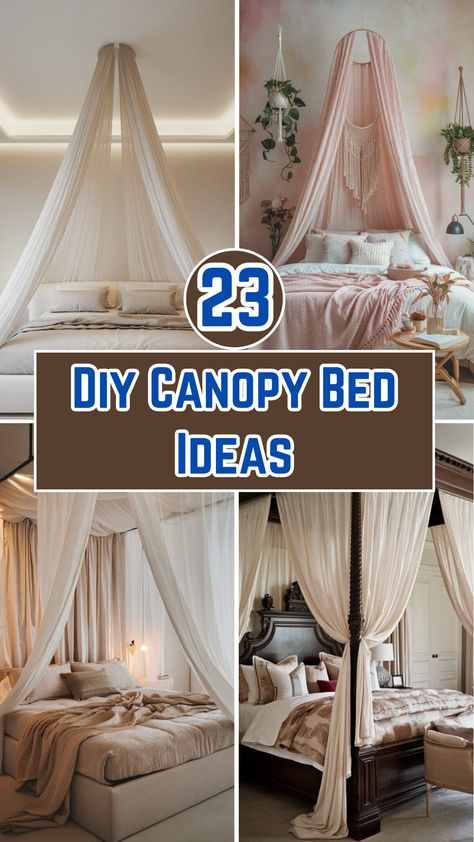 Image showcasing a DIY canopy bed with sheer white curtains draped over a simple wooden frame. Ceiling Canopy For Bed, Canopy For Bed Diy, Metal Canopy Bed Ideas, Diy Bed Curtains Canopies, Diy Canopy Over Bed, Boho Bed Canopy Diy, Pvc Canopy Bed, Diy Hanging Canopy, Faux Canopy Bed Diy