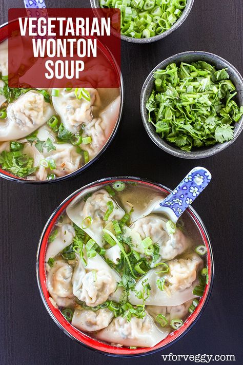 Vegetarian Wonton Soup | V for Veggy Wonton Soup Recipe Vegetarian, Veg Wonton Soup, Wanton Recipe Vegan, Wonton Soup Vegan, Wonton Soup Vegetarian, Veggie Wonton Filling, Veggie Wonton Soup, Vegetarian Wonton Recipes, Vegetable Wonton Recipes