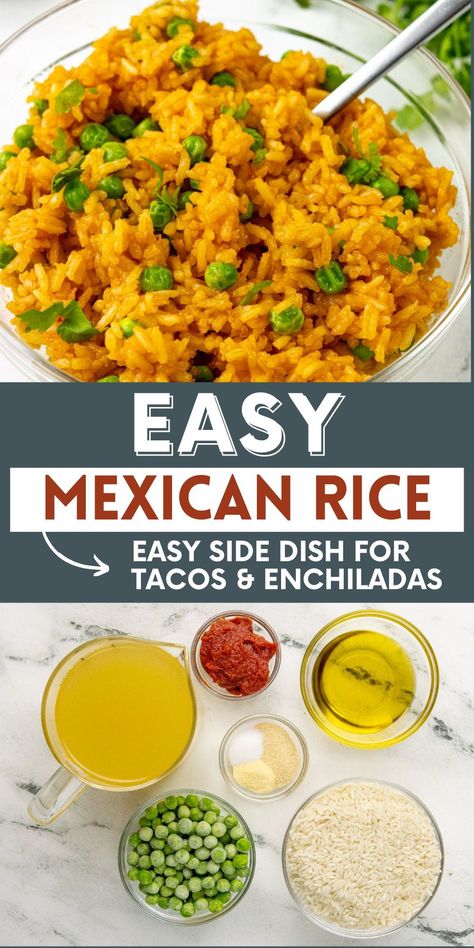 This Super Easy Mexican Rice Recipe is the perfect side dish for your next taco night. You need a few simple ingredients to make this rice, like tomato paste, broth, rice, peas, and seasoning. Rice To Go With Tacos, Tomato Paste Rice, Spanish Rice With Tomato Paste, Meals With Tomato Paste, Mexican Rice Tomato Paste, Mexican Rice With Tomato Paste, Rice With Tomato Paste, Hispanic Rice, Taco Rice Recipe