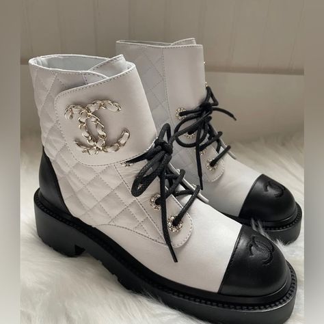 Reposhing This Item I Purchased From @Evaulted. Loved It, But Ready To Rotate For Something New. Questions? Leave A Comment Below! Combat Boots White, Chanel Combat Boots, Black And Gold Hardware, Boots White, Mint Color, Chanel Shoes, Black And Gold, Gold Hardware, Something New