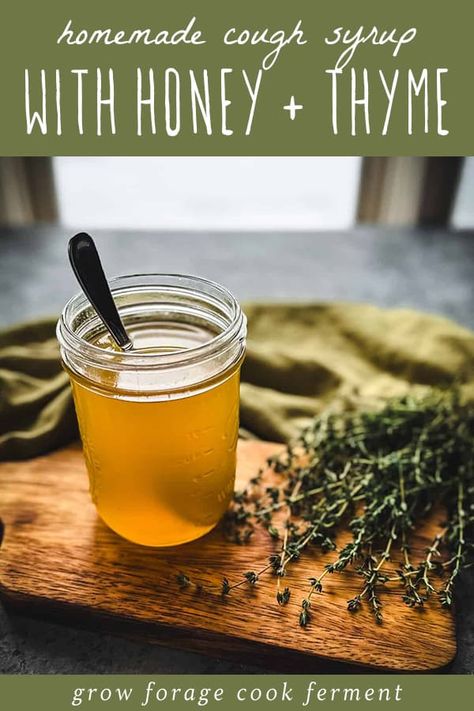 Explore the soothing benefits of Herbal Cough Syrup with Honey, Lemon, & Thyme. It's one of the easiest herbal syrups to make. This natural remedy combines honey's healing properties, lemon's refreshing zest, and thyme's therapeutic qualities. Ideal for treating cold symptoms with a homemade approach. Learn more about herbalism for beginners, natural remedies, and herbs for health at growforagecookferment.com. Herbal Syrups, Raw Honey Recipes, Herbalism For Beginners, Herbal Cough Syrup, Cough Syrup Recipe, Homemade Medicine, Homemade Cough Syrup, Best Cough Remedy, Homemade Cough Remedies