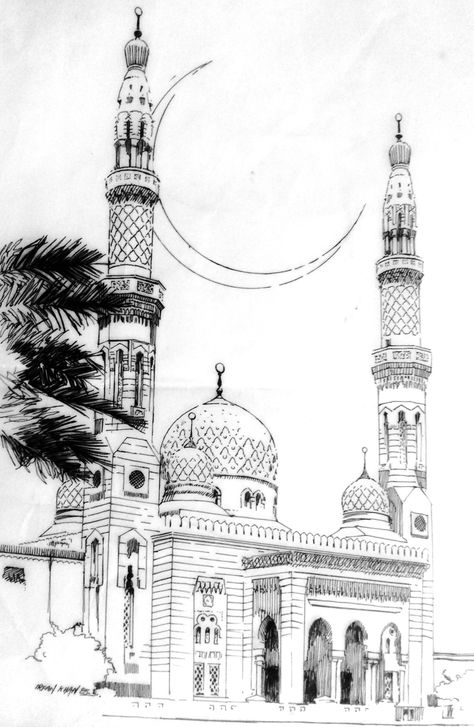 Dubai Mosque  Illustration by Irfan Khan   mirkha12@yahoo.com Mosque Sketch Architecture, Mosque Aesthetic Drawing, Mosque Art Illustration, Mosque Sketch Drawing, Sheikh Zayed Mosque Drawing, Badshahi Mosque Sketch, Minaret Drawing, Mosque Art Drawing, Islamic Architecture Drawing