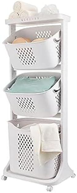 PRICES MAY VARY. ✨Easy to Move&Fix: Four universal wheels make it easy to move it to any corner, and two wheels with brakes make it easy to secure it wherever you want. ✨Good Ventilation: The hollowed laundry baskets and the bottom of the shelf make the product more breathable and less likely to produce odors. ✨High Load Capacity: The PP material, bottom reinforcement support and large base plate (16.92*12.99 inches) make it have a maximum load capacity of 55.12 lbs, allowing you to place househ Bathroom Hampers, Rolling Laundry Basket, Laundry Basket Storage, Amazon Items, Laundry Cart, Dirty Clothes Basket, Hamper Storage, Clothes Hamper, Bathroom Storage Racks