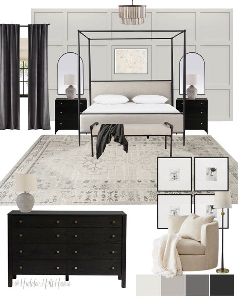 Restoration Hardware Style Bedroom, Black Canopy Bedroom Ideas, Modern Glam Bedroom Decor, Modern Glam Bedroom, Restoration Hardware Bedroom, Spanish Style Home Interior, Taupe Bedroom, Grand Fir, Glam Bedroom Decor