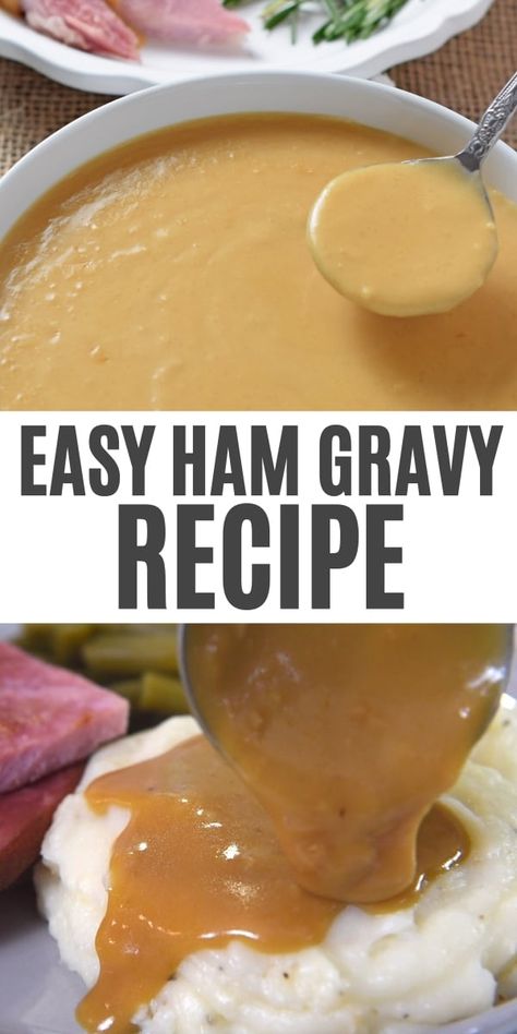 How to make an easy homemade ham gravy recipe, made last minute with leftover ham drippings. This gravy makes a delicious side dish with ham, mashed potatoes, and all the fixings at your holiday or family dinner! How To Make Ham Gravy From Drippings, Gravy For Ham Dinner, Ham Gravy From Drippings, Sides With Ham, Ham Gravy Recipe, Easy Homemade Gravy, Ham Gravy, Ham Recipes Crockpot, Homemade Gravy Recipe