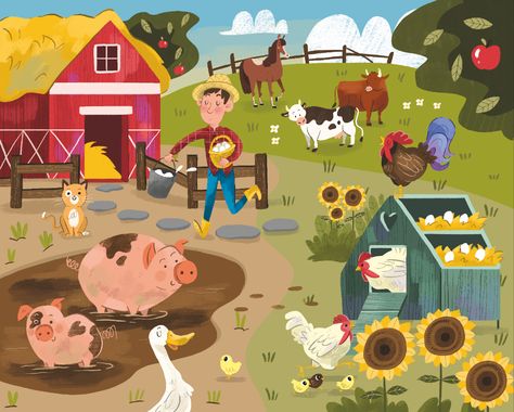 Farm Life on Behance Farm Cartoon, Animal Illustration Kids, Seni Pastel, 동화 삽화, Farm Kids, Animal Illustration Art, Farm Scene, Farm Yard, Childrens Illustrations