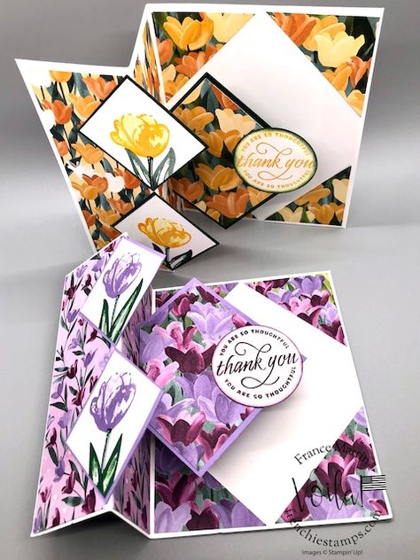 Z Fold With Pop Up Center with the Flowering Field and Symbols Of Fortune Designer paper. #FunFold #ZFoldCenterPopUp #FloweringFields #stampinup #stamping #FrenchieStamps #PaperCrafts #HandMadeCards #StampingTechniqueHowToVideo #crafting #rubberstamping #diy #cardmaking #HandStampedCard #greetingcards #stampinupcards Greeting Card Ideas, Tulips Card, Fancy Fold Card Tutorials, Designer Paper, Interactive Cards, Shaped Cards, Up Book, Cards Greeting, Card Making Tutorials