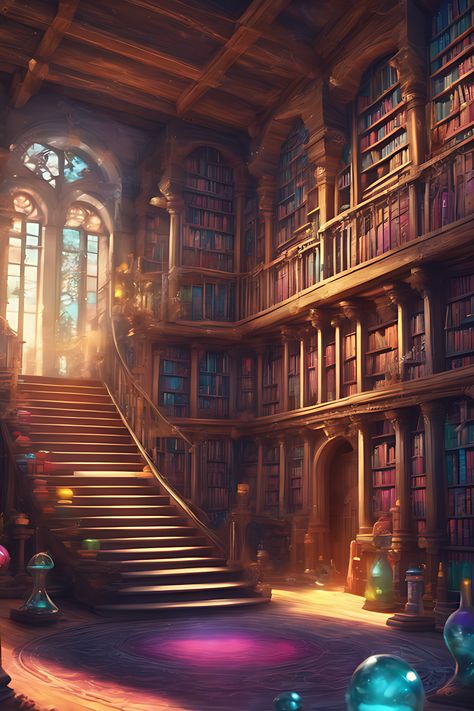 Fantasy library in the style of Harry Potter Magical Classroom Fantasy Art, Magical Library Fantasy Art Wallpaper, Magic Library Concept Art, Library Digital Art, Magic Library Art, Fantasy Library Exterior, Fantasy Wizard Aesthetic, Mythical Library, Fantasy Library Concept Art