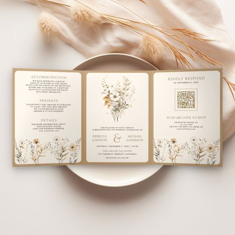 Fall Autumn Boho Wildflower Photo QR Code Wedding Tri-Fold Invitation September Wedding Invitations, Wedding Invitations Autumn, Elegant Wedding Invitations Classy, Autumn Wedding Invitations, Fall Invitations, Wedding Celebration Invitation, Wedding Booklet, Folded Invitation, Cricut Wedding Invitations