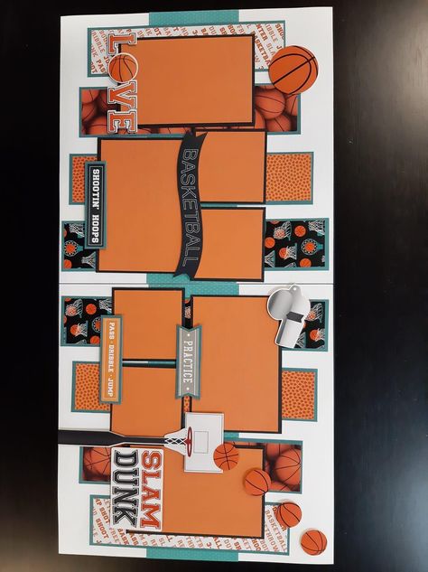 Basketball Scrapbook Pages, Basketball Yearbook Page, Sports Scrapbook Ideas, Basketball Scrapbook Layouts, Basketball Layout, Senior Yearbook Ideas, Basketball Scrapbook, Senior Table, Basketball Party Decorations