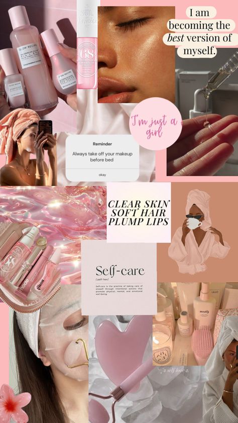 Manifesting better skin, plump lips. Selfcare aesthetic, skincare, pink wallpaper collage Skincare Wallpaper Backgrounds, Pink Wallpaper Collage, Skincare Wallpaper, Aesthetic Pink Wallpaper, Selfcare Aesthetic, Winter Skincare, Skincare Secrets, Plump Lips, Aesthetic Skincare