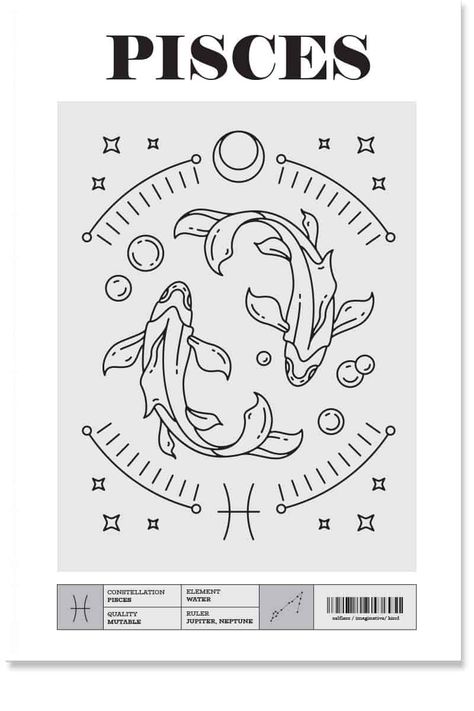 Pices Zodiac Illustration, Pisces Graphic Design, Pices Poster, Pisces Poster Aesthetic, Pisces Drawing Ideas, Pices Zodiac Drawing, Pisces Drawing Zodiac, Pices Sign, Pisces Art Drawing