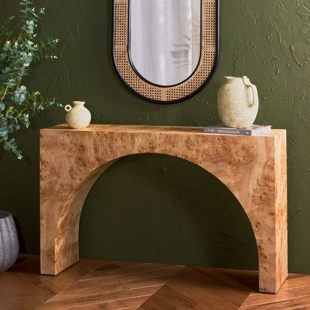 Shop Safavieh at Walmart. Save Money. Live Better. SAFAVIEH Couture Katelynn Glam Burled Mappa Veneer Console Table, Natural Bring any corner to life with the warmth and grace of our Katelynn console table. The refined and stately profile of our console is updated with rich organic textures. Its minimalist design highlights an eye-catching arch to add architectural grace to any room. The coffee table is covered in the rich textures of burled Mappa wood veneer to attain a stunning visual impact. Adding elegance and luxe warmth to your home, our console table makes a stunning statement in an entryway, living space, or bedroom. Color: Beige. Organic Textures, Cane Dining Chair, Vanguard Furniture, Mirrored Nightstand, Wood Console Table, Wood Console, Outdoor Lounge Furniture, Lounge Furniture, Rich Textures