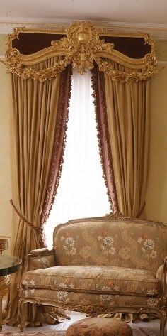 curtains with opulent gilded cornice in Old World style Cornice Box, Victorian Curtains, Drapery Treatments, Elegant Draperies, Luxury Windows, Classic Curtains, Unique Curtains, Drapery Designs, Gold Curtains