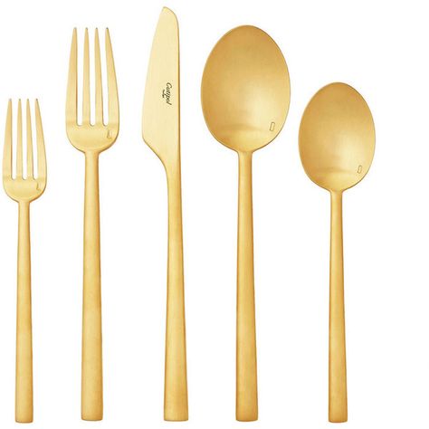 Cutipol Rondo Cutlery - Brushed Gold - Boxed Sets ($485) ❤ liked on Polyvore featuring home, kitchen & dining, flatware, dishes, kitchen, black silverware y black flatware Black Silverware, Gold Utensils, Luxury Cutlery, Gold Silverware, Gold Cutlery Set, Black Flatware, Gold Dessert, Salad Serving Set, Gold Cutlery