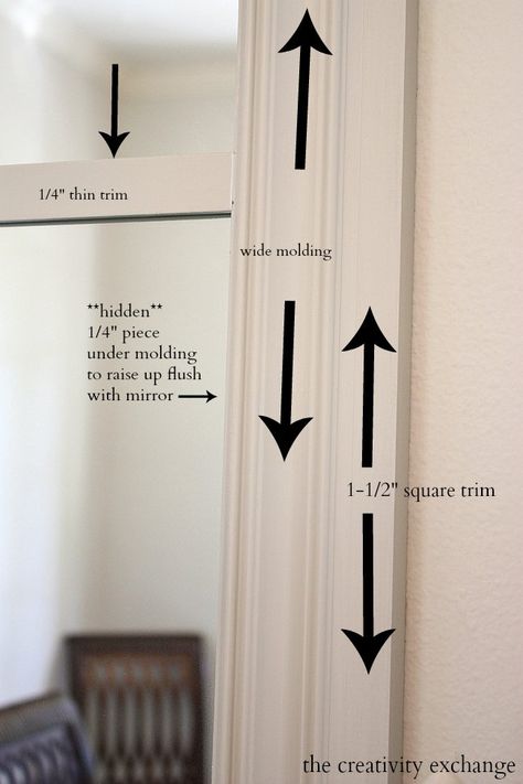 Use molding to add trim to mirrors. Mirror Trim Ideas, Ideas For Mirrors, Oversized Mirrors, Mirror Molding, Dental Molding, Classic Style Home, Mirror Adhesive, Giant Mirror, Bathroom Mirrors Diy