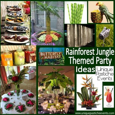 Rain-forest Jungle Themed Fundraiser Inspiration - Fun party ideas! Zoo Party Ideas, Backyard Engagement Parties, American Girl Birthday Party, Fundraiser Party, Rainforest Theme, Jungle Theme Parties, Forest Birthday, Adventure Party, Jungle Birthday Party